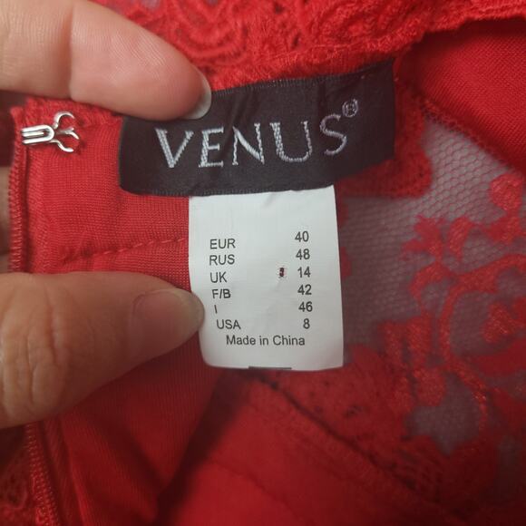 Venus Women's Cross Strap Lace Midi Dress Sz 8 Embroidered Empire Waist Red EUC - Picture 10 of 16